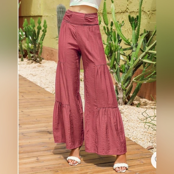 New with tags! Womens XL Wide Leg Shirred Waist Fall Red Brown Chic Pants - Picture 1 of 5